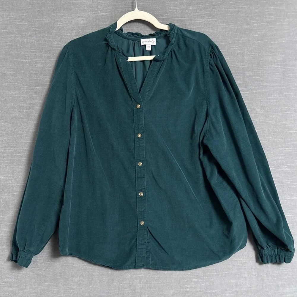 Wonderly Top XXL Green Cotton Corduroy Ruffle Button Front Long Sleeve Fall